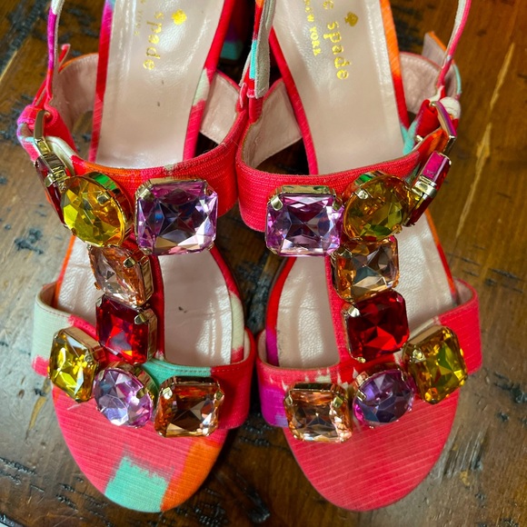 KATE SPADE Jeweled Multicolor Heels Size 7 T-Strap Block Heels - Picture 1 of 9